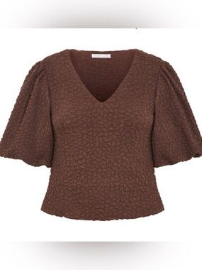 City Chic Brown Textured V-Neck Puff Sleeve Top